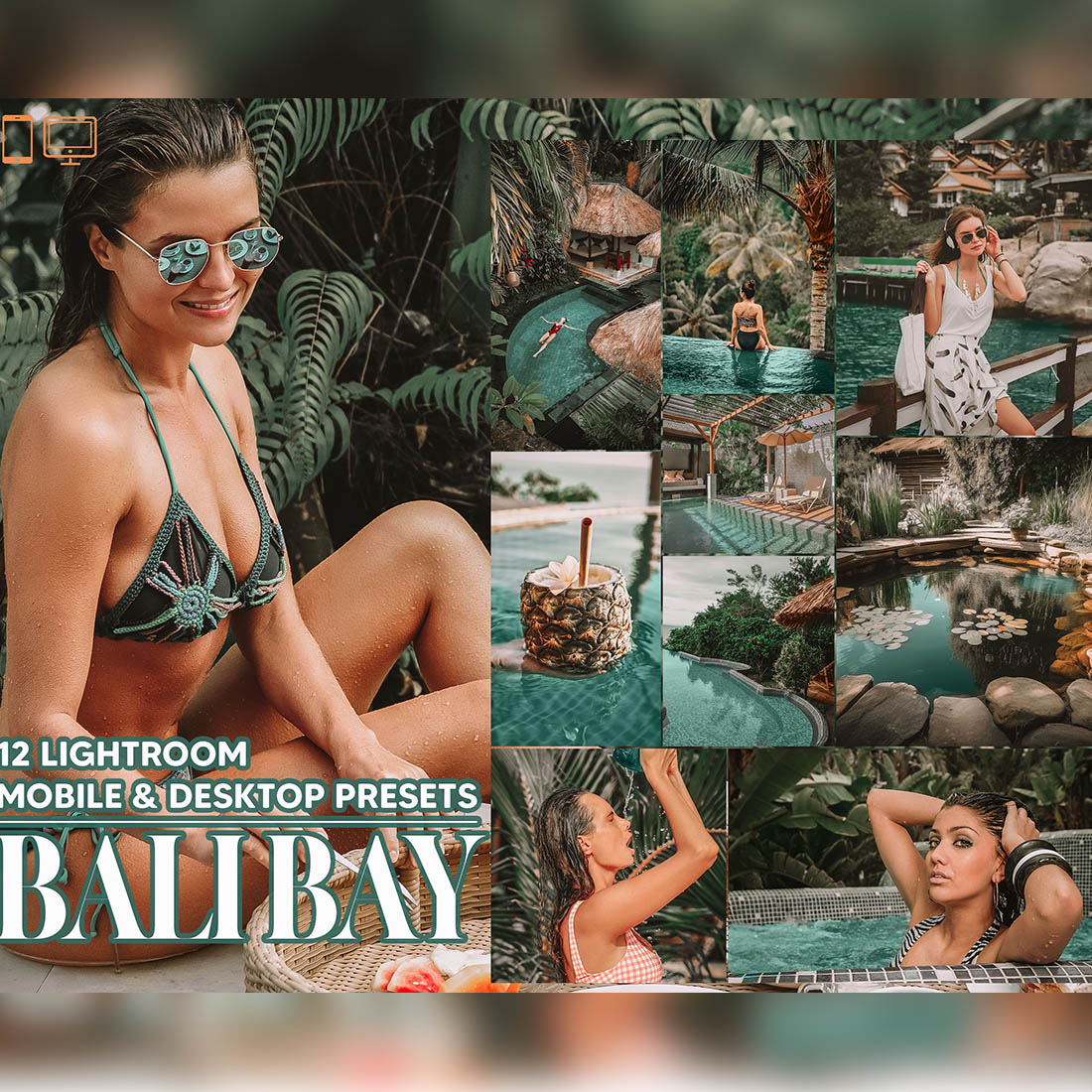 12 Bali Bay Lightroom Presets, Tropical Mobile Preset, Travel Desktop LR Filter Lifestyle Theme For Blogger Portrait Instagram cover image.