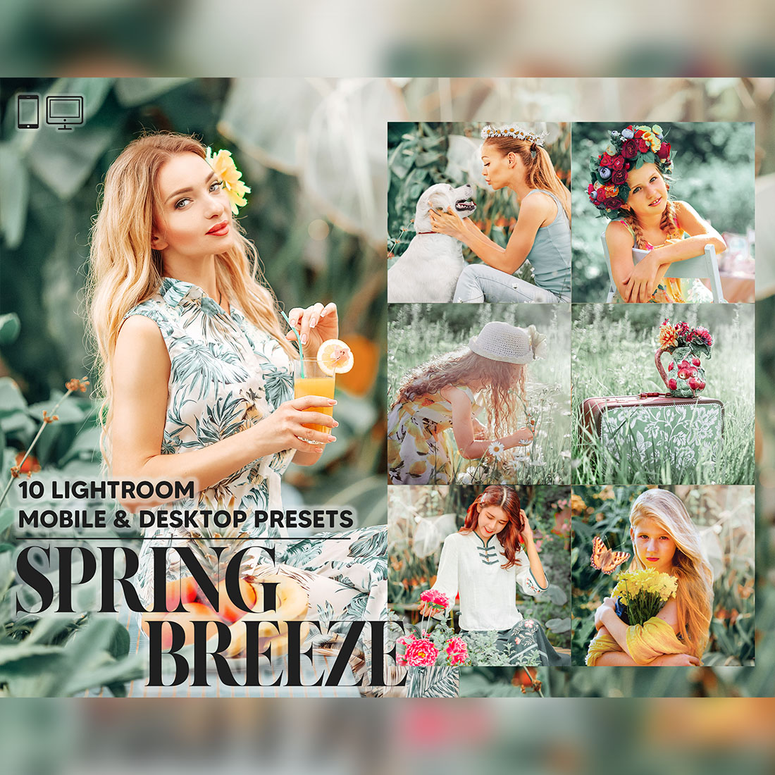 10 Spring Breeze Lightroom Presets, Bright Mobile Preset, Warm Girl Desktop, Lifestyle Portrait Theme Instagram LR Filter DNG Best Green cover image.