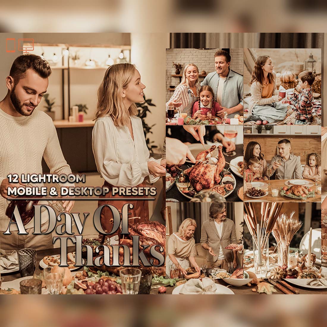 12 A Day Of Thanks Lightroom Presets, Family Happy Preset, Fall Turkey Desktop LR Filter DNG Lifestyle Theme For Blogger Portrait Instagram cover image.