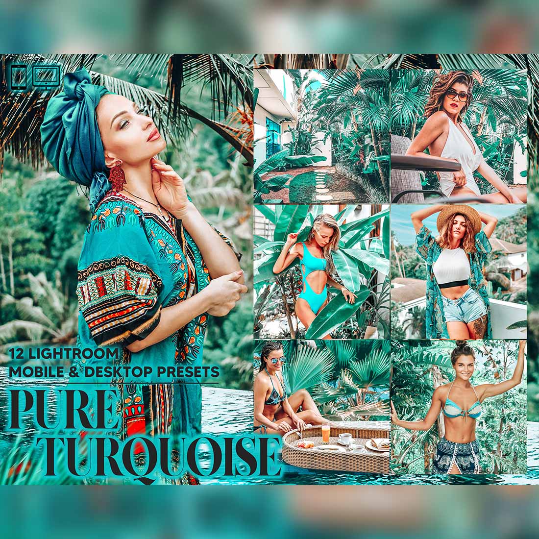 12 Pure Turquoise Lightroom Presets, Blue & Green Mobile Preset, Warm Bright Desktop, Lifestyle Portrait Theme Instagram LR Filter DNG Airy cover image.