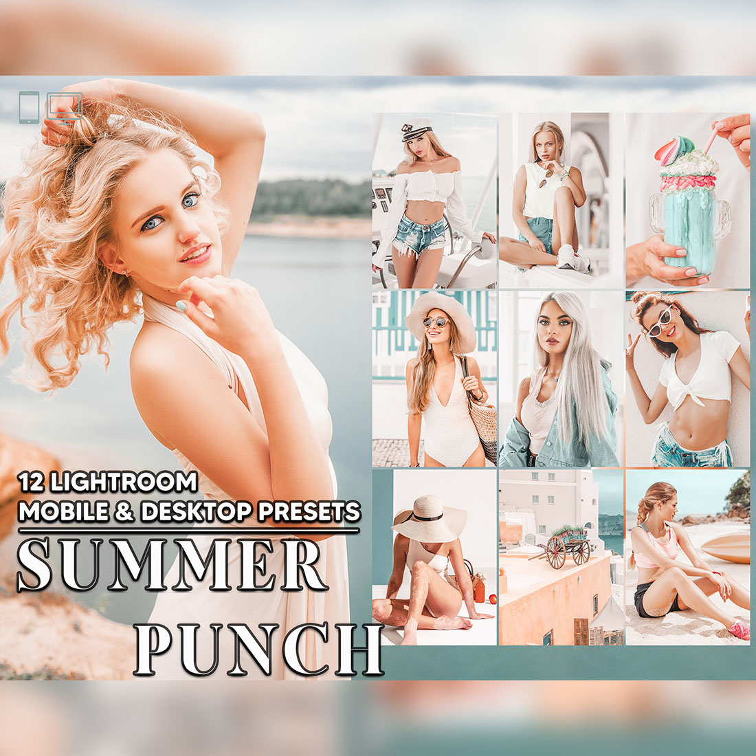 12 Summer Punch Lightroom Presets, Orange Skin Mobile Preset, Bright Desktop LR Filter Lifestyle Theme For Blogger Portrait Instagram cover image.