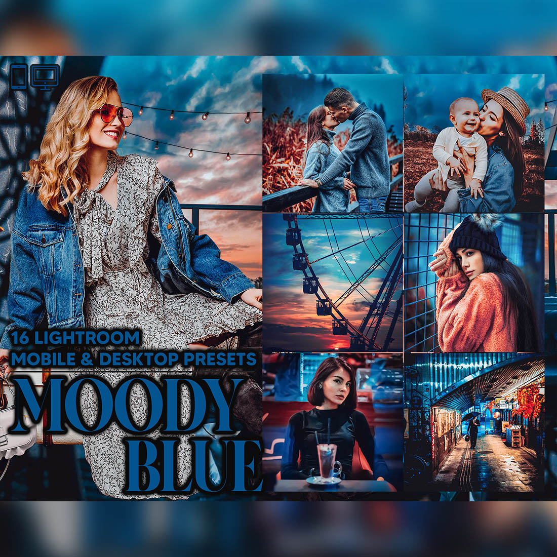16 Moody Blue Lightroom Presets, Dark Clean Mobile Preset, Ultra Tint Deep Desktop, Portrait Lifestyle Theme Instagram LR Filter DNG Trendy cover image.