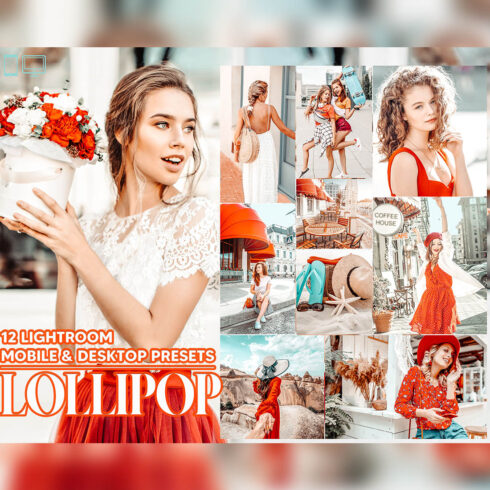 12 Lollipop Lightroom Presets, Bright Summer Mobile Preset, Travel Desktop LR Filter Lifestyle Theme For Blogger Portrait Instagram cover image.