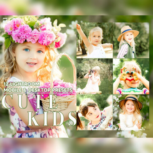 12 Cute Kids Lightroom Presets, Children Spring Mobile Preset, Bright Desktop LR Filter DNG Lifestyle Theme For Blogger Portrait Instagram cover image.