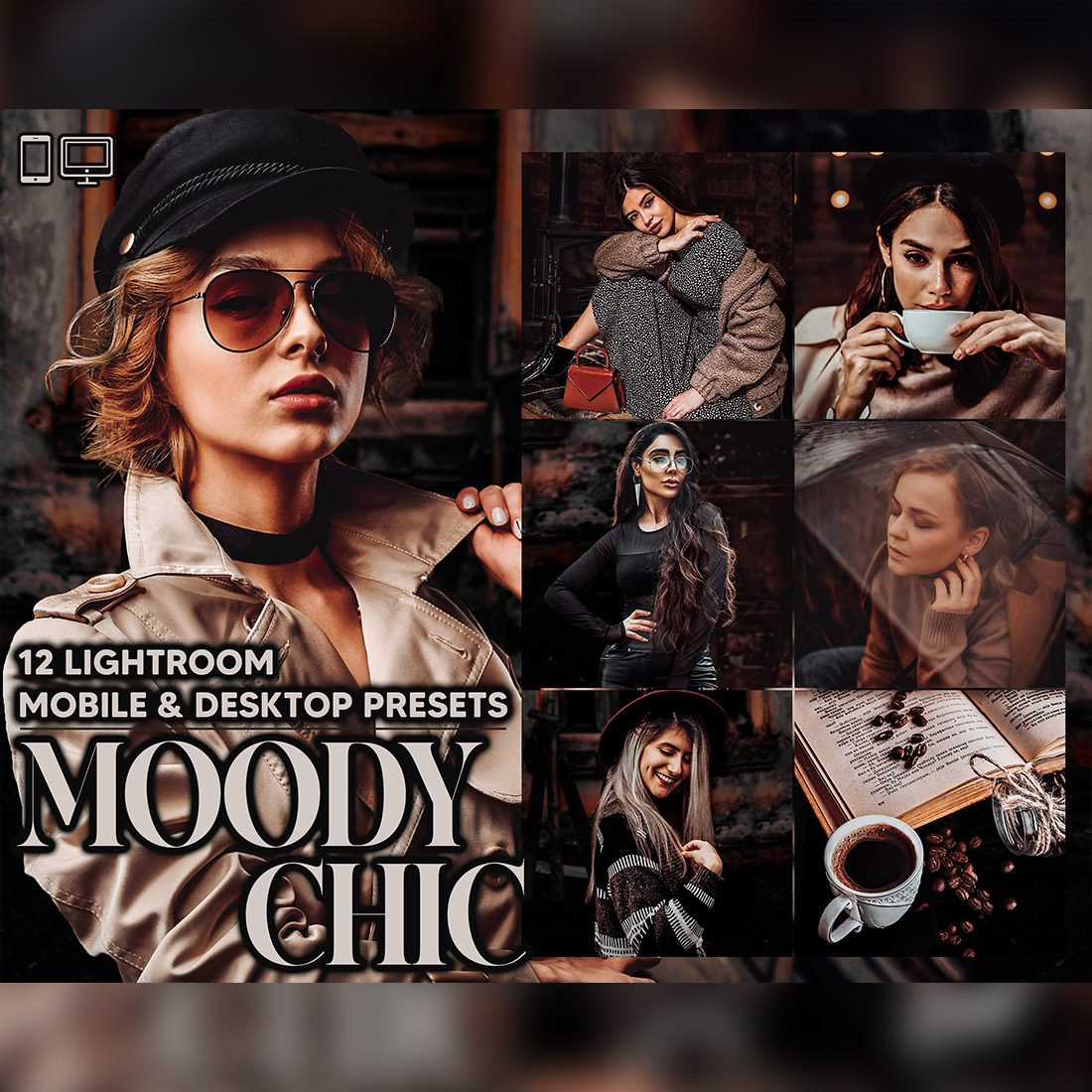 12 Moody Chic Lightroom Presets, Dark Fall Mobile Preset, Autumn Desktop, Lifestyle Portrait Theme For Instagram LR Filter DNG Warm Black cover image.