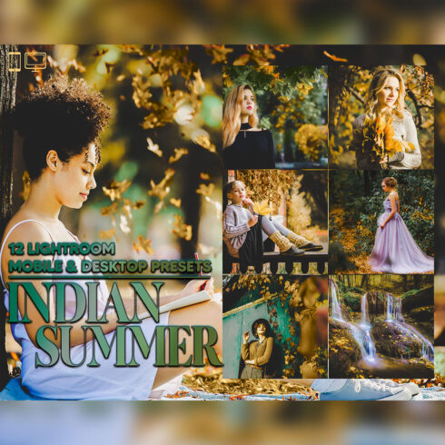 12 Indian Summer Lightroom Presets, Autumn Moody Preset, Fall Yellow Desktop LR Filter DNG Lifestyle Theme For Blogger Portrait Instagram cover image.