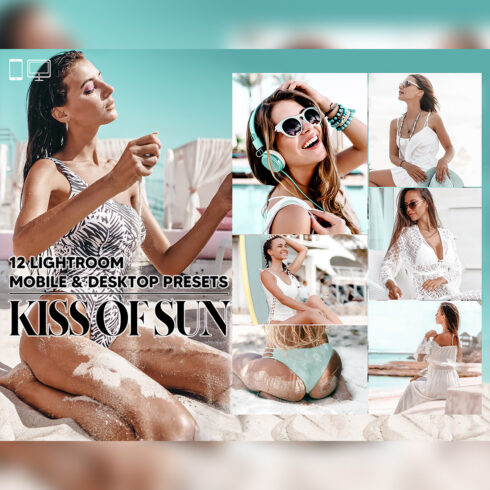 12 Kiss Of Sun Lightroom Presets, Sunkissed Mobile Preset, Bronze Desktop LR Filter DNG Lifestyle Theme For Portrait Instagram cover image.