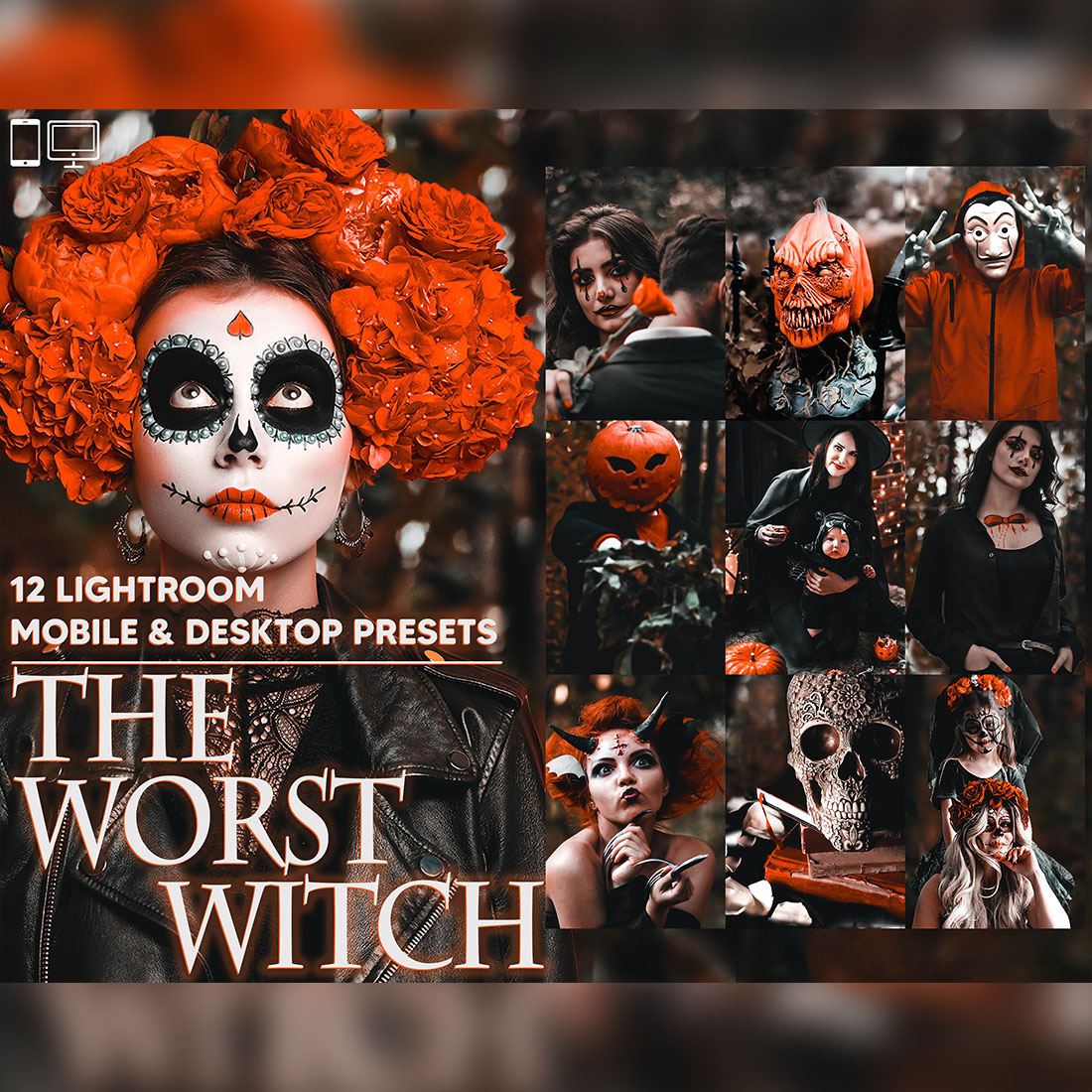 12 The Worst Witch Lightroom Presets, Halloween Mobile Preset, Spooky Vibrant Desktop LR Lifestyle DNG Instagram Moody Filter Theme Portrait cover image.