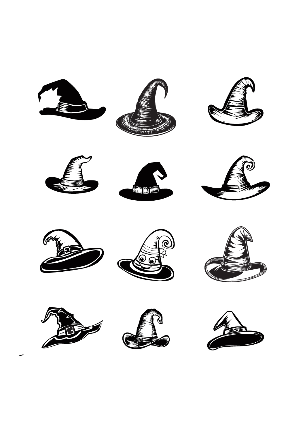 Set of different witch hats isolated on white background style pinterest preview image.