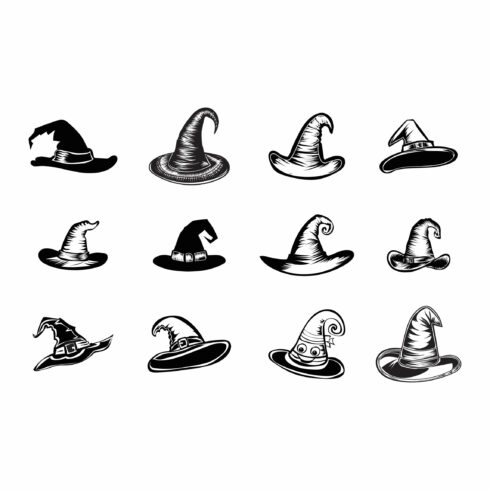 Set of different witch hats isolated on white background style cover image.