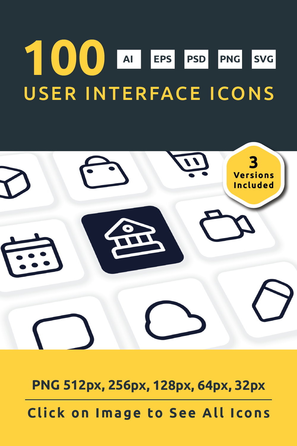 100 Standard User Interface Icons - 3 Style Included pinterest preview image.