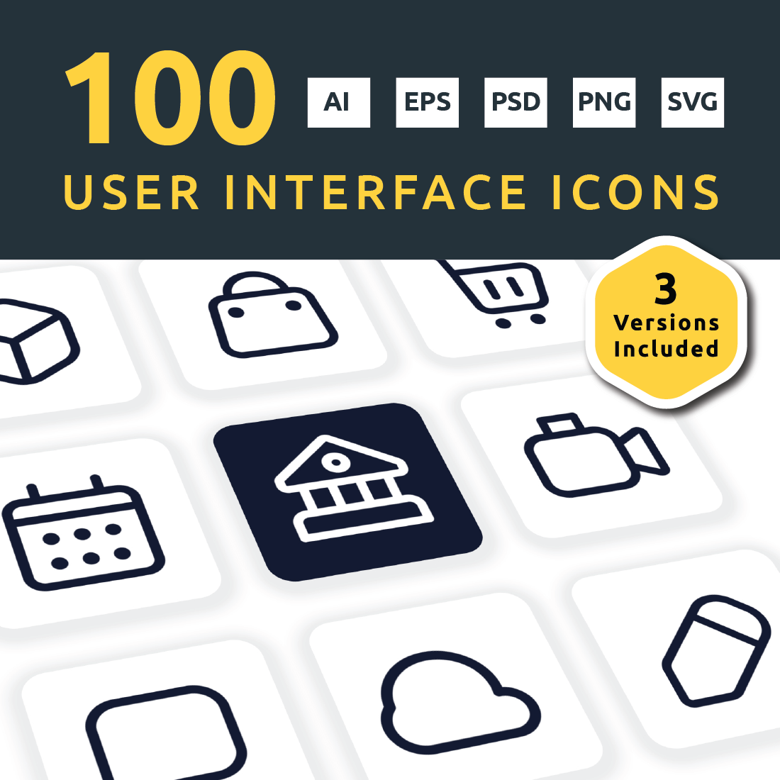 100 Standard User Interface Icons - 3 Style Included cover image.
