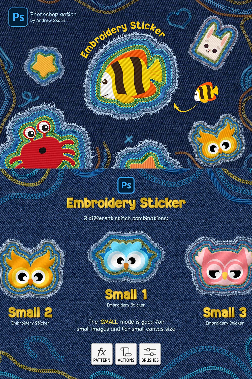 Embroidery Sticker Photoshop Action pinterest preview image.