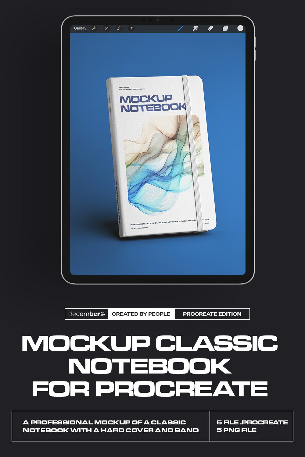 5 Mockups of Classic Notebook with Band and Hard Cover for Procreate on iPad pinterest preview image.