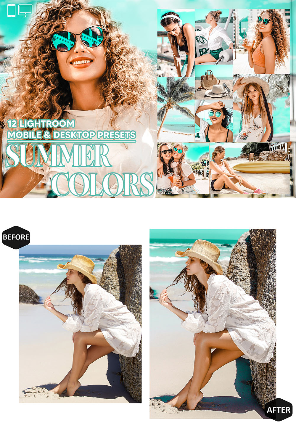 12 Summer Colors Lightroom Presets, Beach Mobile Preset, Bright Blue Desktop LR Filter DNG Lifestyle Theme For Blogger Portrait Instagram pinterest preview image.