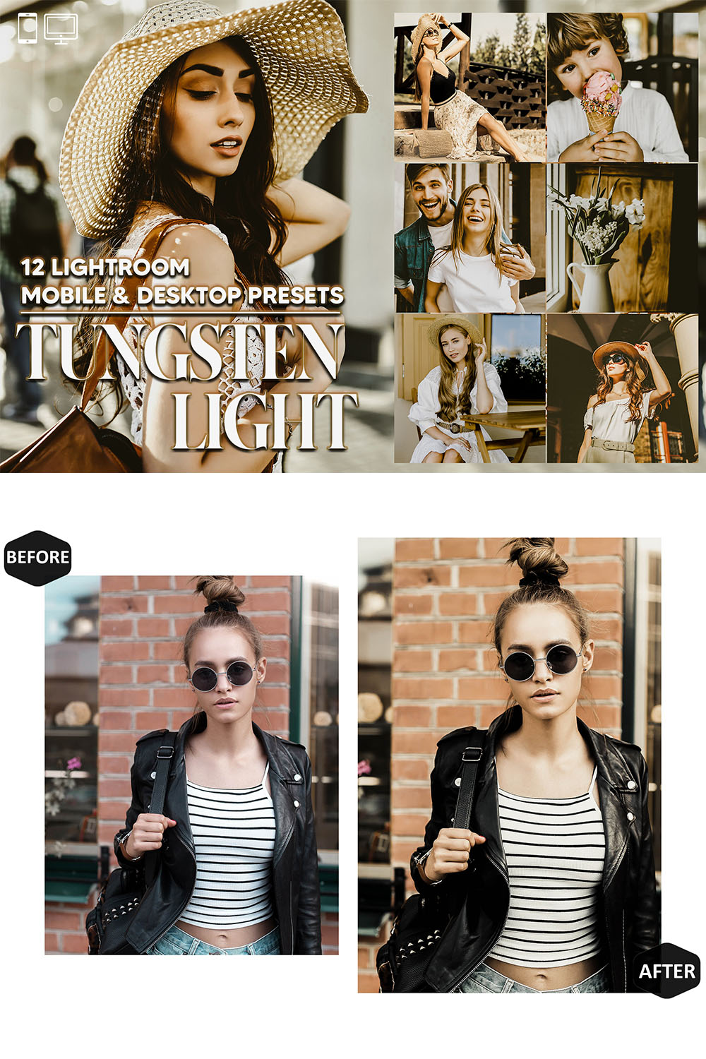 12 Tungsten Light Lightroom Presets, Warm Moody Preset, Summer Desktop LR Filter DNG Lifestyle Theme For Blogger Portrait Instagram pinterest preview image.