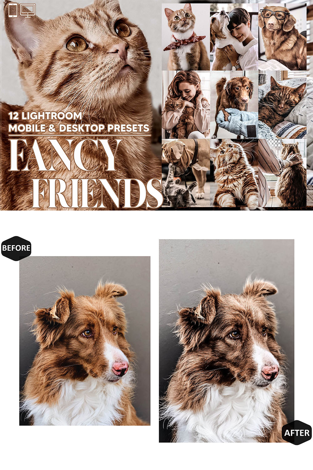 12 Fancy Friends Lightroom Presets, Animal Mobile Preset, Pet Desktop LR Lifestyle DNG Instagram Bright Filter Theme Portrait Season Doggie pinterest preview image.