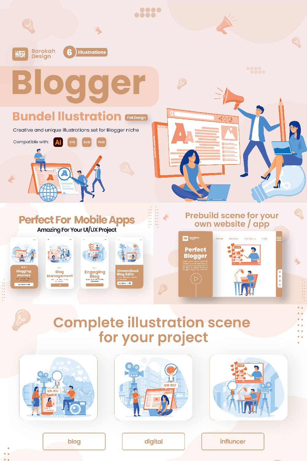 6 Illustrations Related to Blogger Writer pinterest preview image.