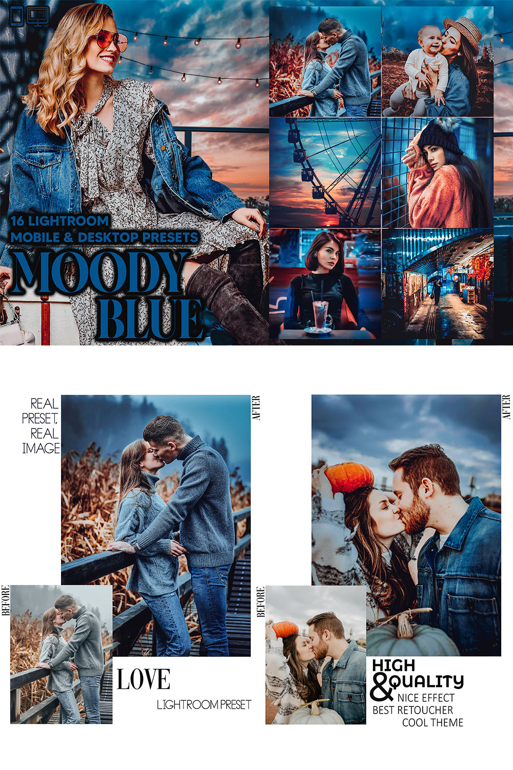 16 Moody Blue Lightroom Presets, Dark Clean Mobile Preset, Ultra Tint Deep Desktop, Portrait Lifestyle Theme Instagram LR Filter DNG Trendy pinterest preview image.