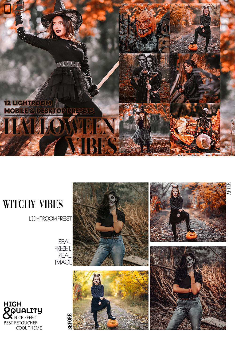 12 Halloween Vibes Lightroom Presets, Autumn Moody Mobile Preset, Black & Orange Desktop, Lifestyle Portrait Theme Instagram LR Filter DNG pinterest preview image.