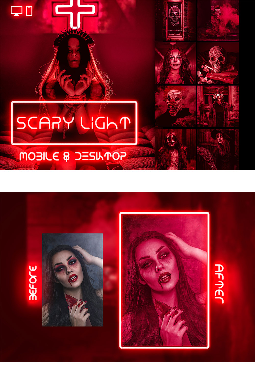 12 Scary Light Lightroom Presets, Spooky Mobile Preset, Halloween Desktop LR Lifestyle DNG Instagram Horror Filter Theme Portrait Season Dark pinterest preview image.