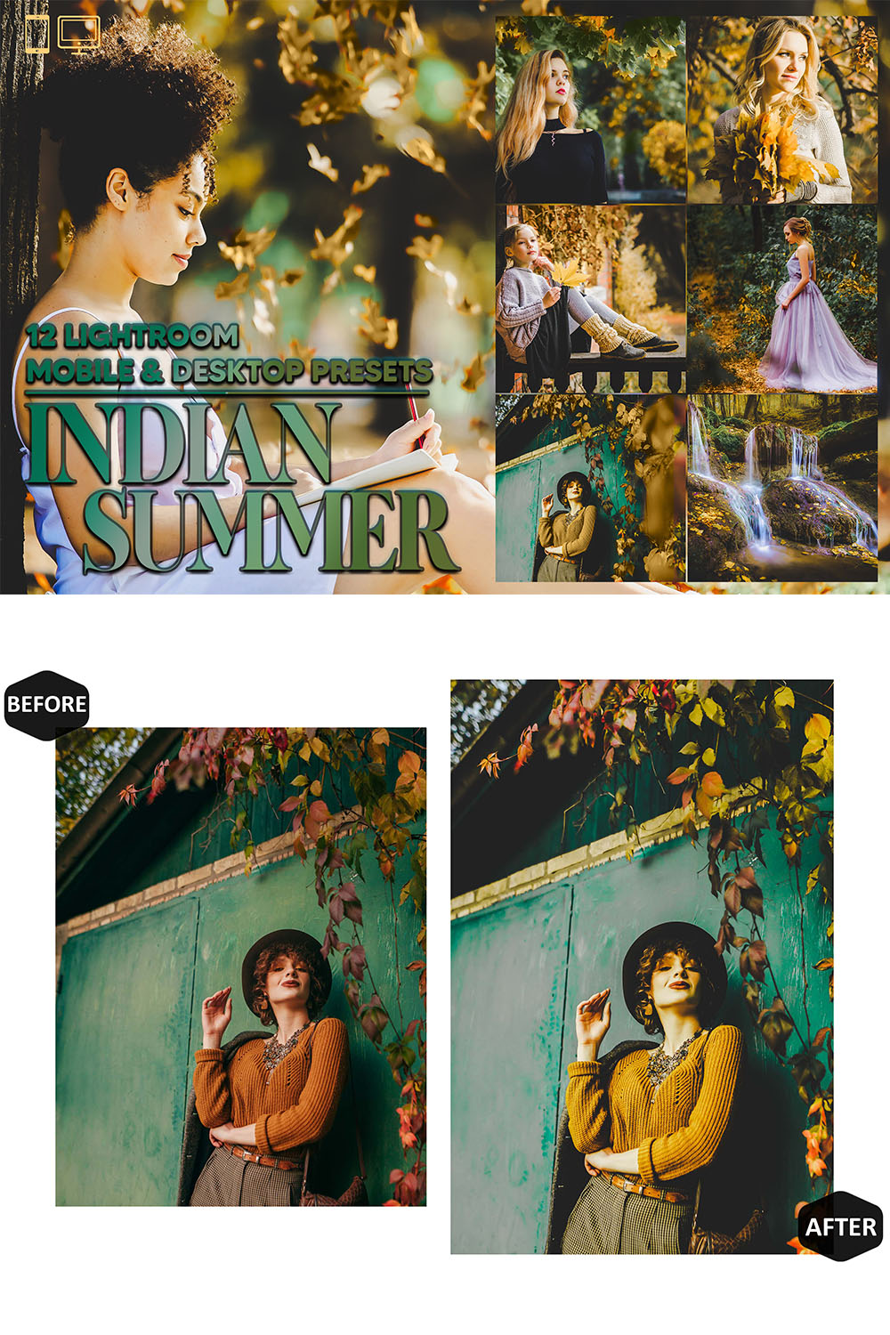 12 Indian Summer Lightroom Presets, Autumn Moody Preset, Fall Yellow Desktop LR Filter DNG Lifestyle Theme For Blogger Portrait Instagram pinterest preview image.
