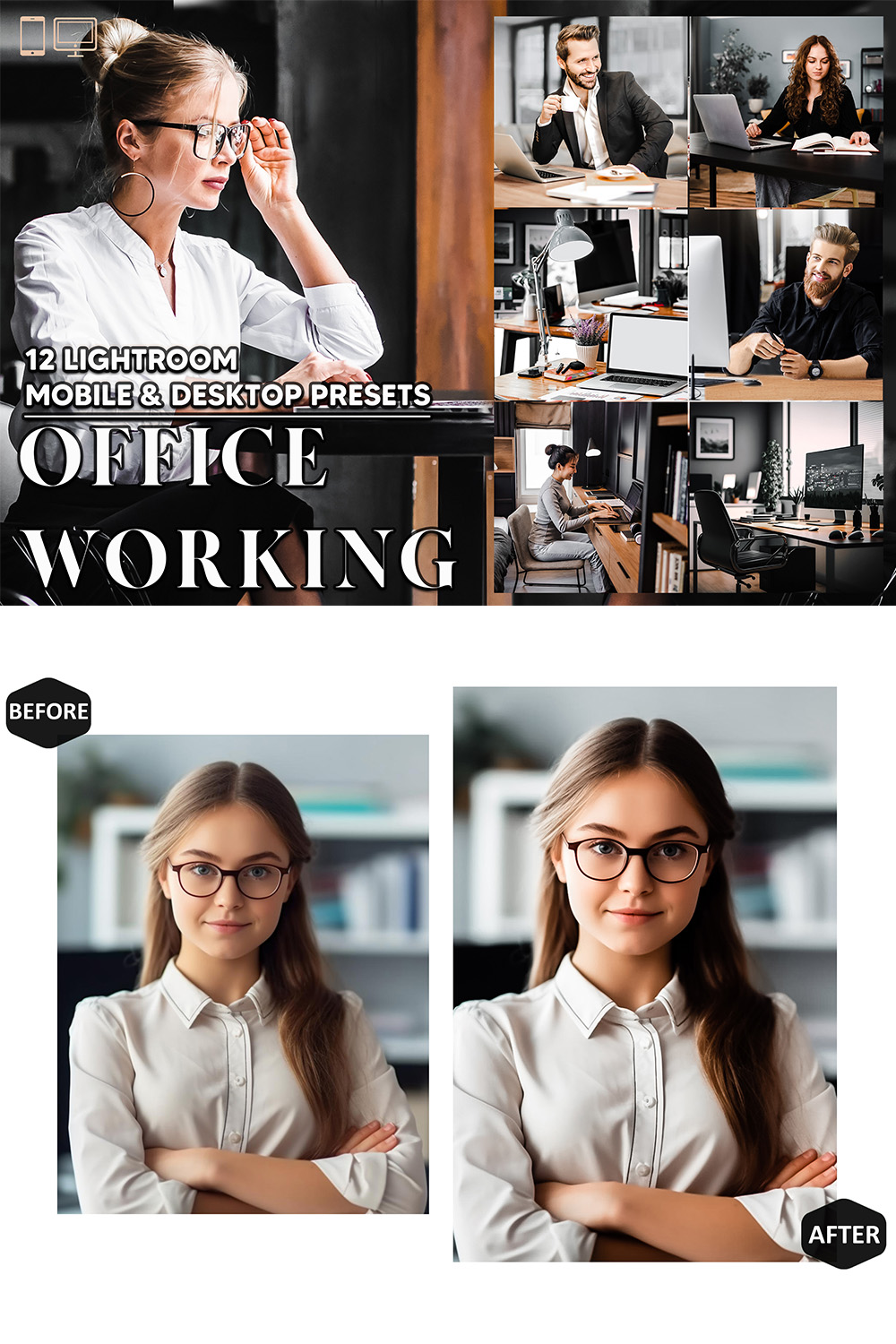 12 Office Working Lightroom Presets, Corporate Mobile Preset, Business Desktop LR Filter Lifestyle Theme For Blogger Portrait Instagram pinterest preview image.