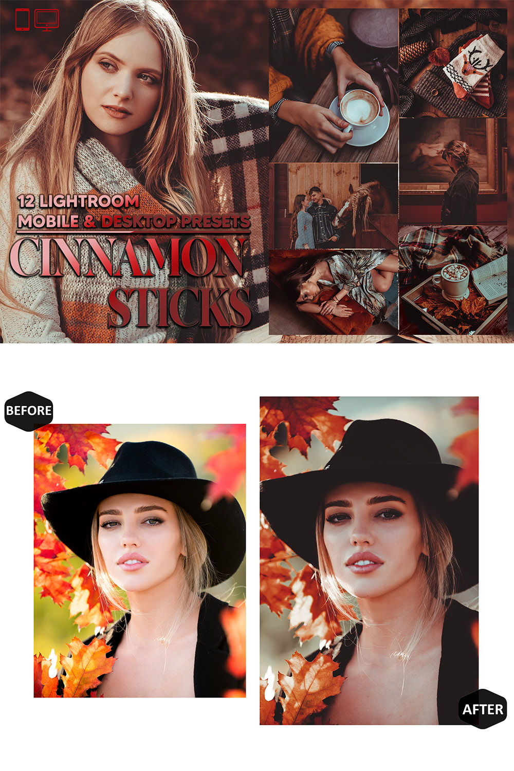 12 Cinnamon Sticks Lightroom Presets, Autumn Leaf Preset, Fall Moody Desktop LR Filter DNG Lifestyle Theme For Blogger Portrait Instagram pinterest preview image.
