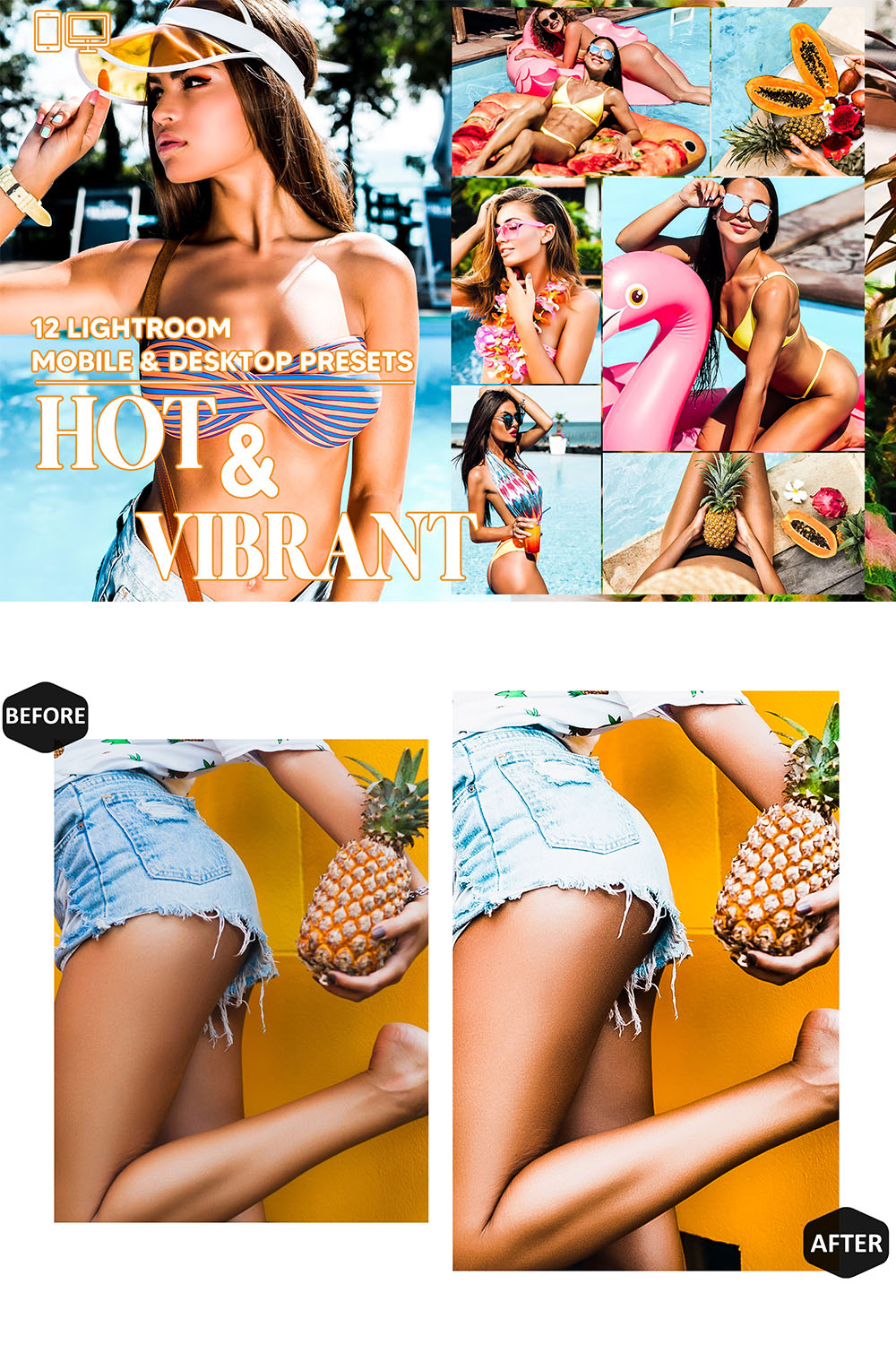 12 Hot & Vibrant Lightroom Presets, Colorful Mobile Preset, Natural Desktop LR Lifestyle DNG Instagram Vivid Filter Theme Portrait Summer pinterest preview image.