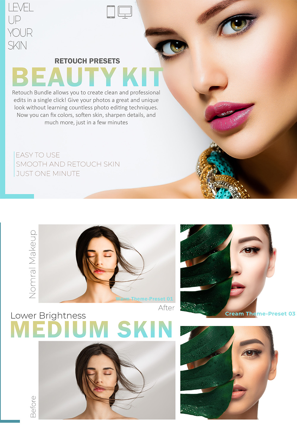 16 Beauty Kit Lightroom Presets, Retouch Mobile Preset, Skin Makeup Desktop LR Filter DNG Lifestyle Theme For Blogger Portrait Instagram pinterest preview image.
