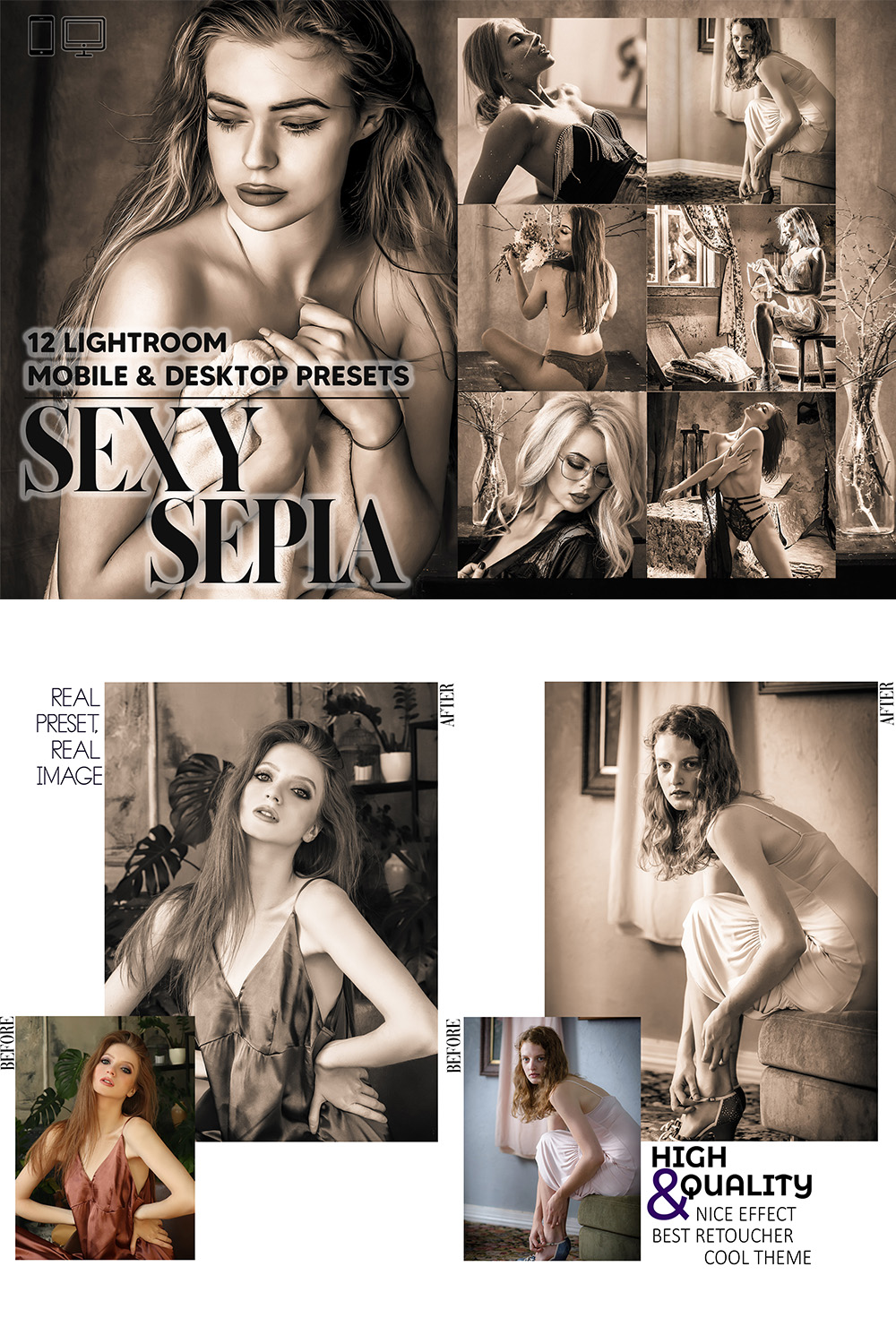 12 Sexy Sepia Lightroom Presets, Boudoir Mobile Preset, Monocolor Desktop, Lifestyle Portrait Theme Instagram LR Filter DNG pinterest preview image.