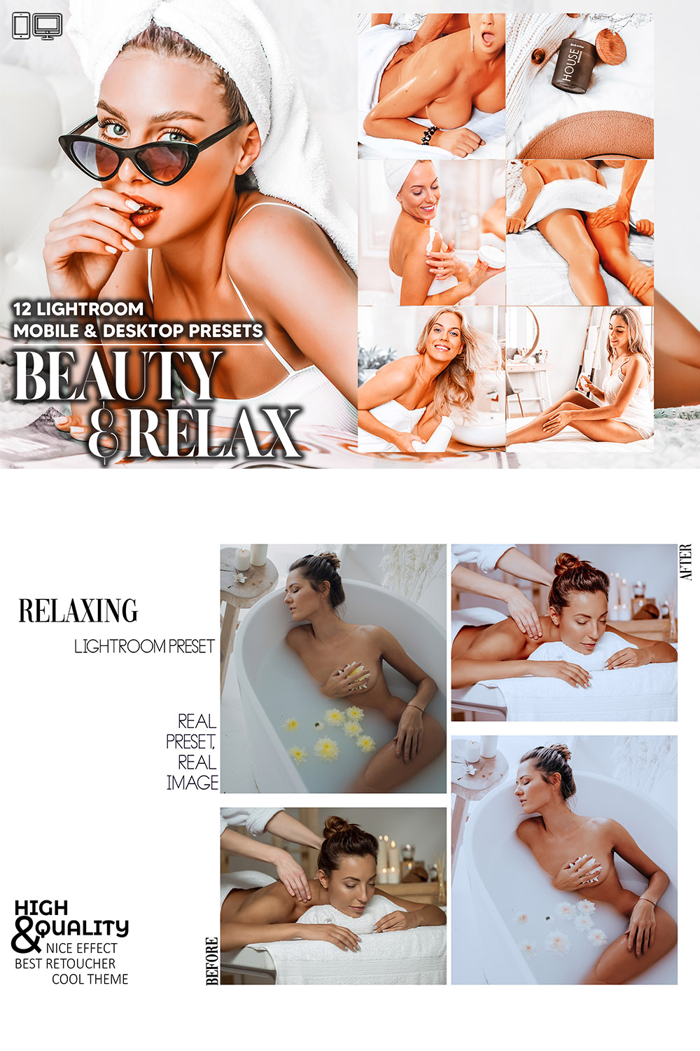 12 Beauty & Relax Lightroom Presets, Aesthetic Mobile Preset, Bright Woman Desktop, Lifestyle Portrait Theme For Instagram LR Filter DNG Spa pinterest preview image.