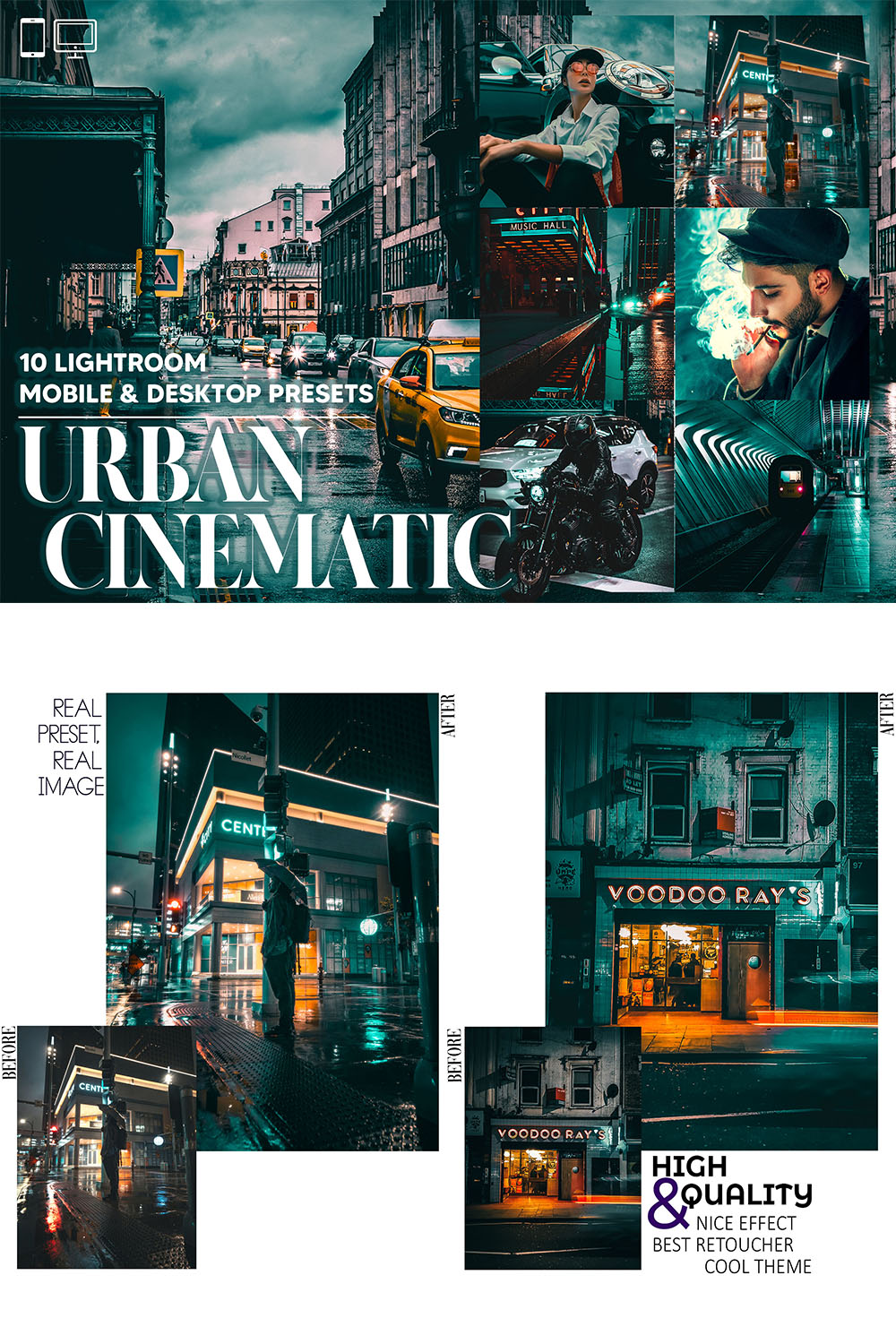 10 Urban Cinematic Lightroom Presets, Moody Film Mobile Preset, City Cinema Desktop Lifestyle Portrait Theme Instagram LR Filter DNG Natural pinterest preview image.
