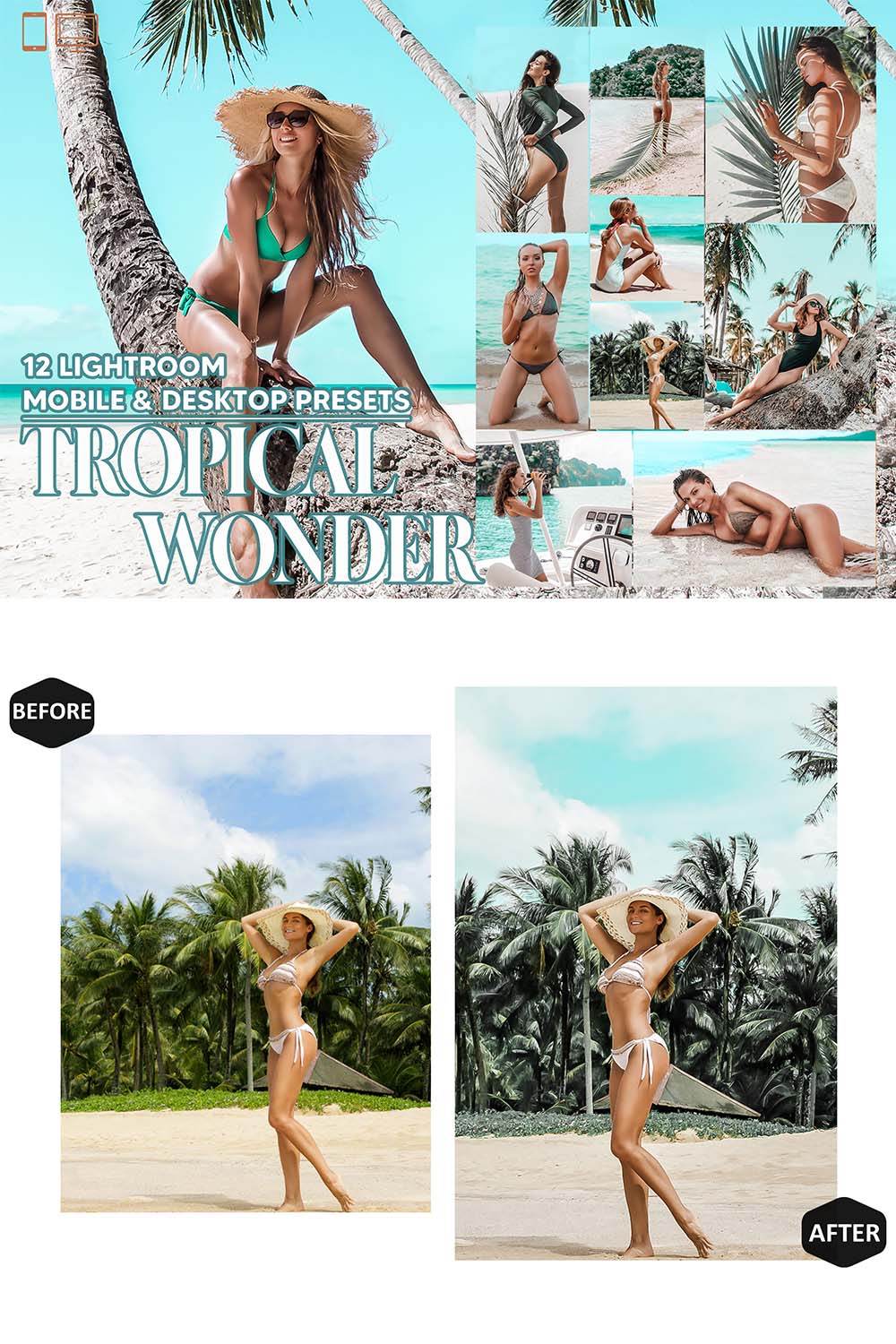 12 Tropical Wonder Lightroom Presets, Skin Bronze Mobile Preset, Summer Bright Desktop LR Filter Lifestyle Theme For Blogger Portrait Instagram pinterest preview image.
