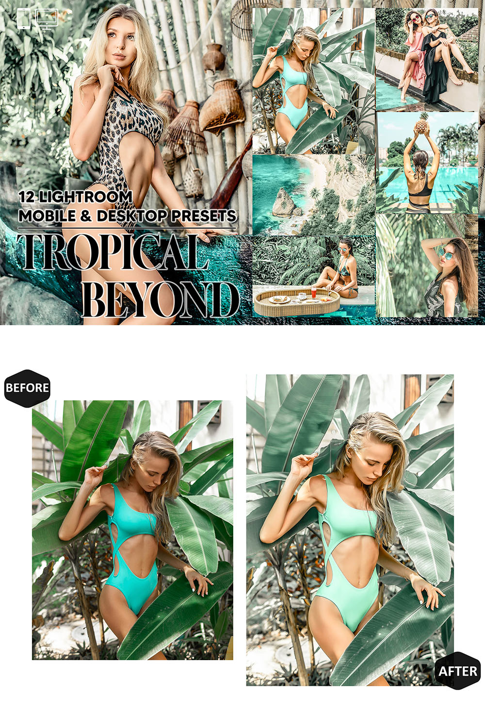 12 Tropical Beyond Lightroom Presets, Bali Forest Mobile Preset, Bronze Desktop LR Filter DNG Lifestyle Theme For Portrait Instagram pinterest preview image.