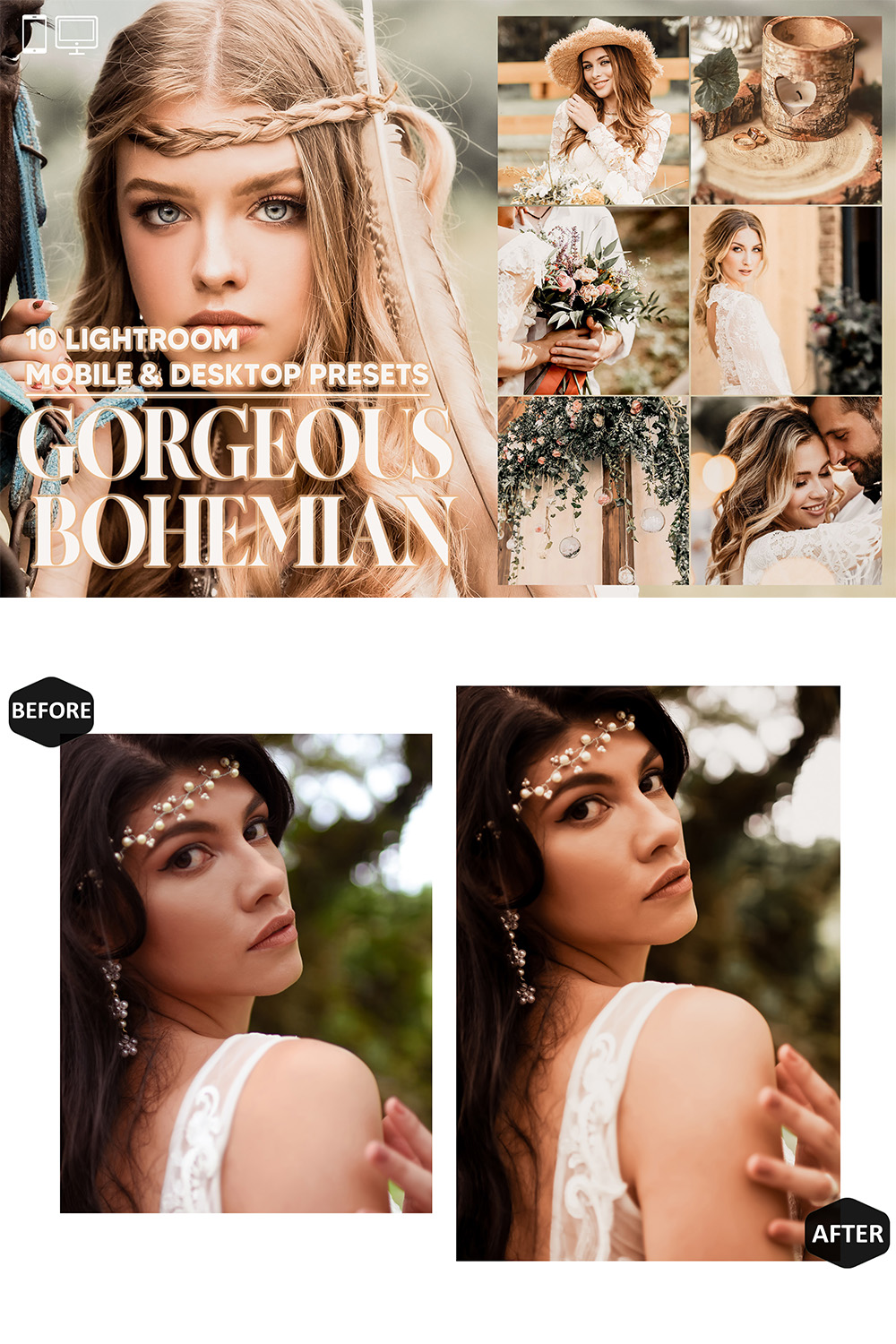 10 Gorgeous Bohemian Lightroom Presets, Bright Wedding Mobile Preset, Warm Boho Desktop LR Filter DNG Lifestyle Theme For Blogger Portrait Instagram pinterest preview image.