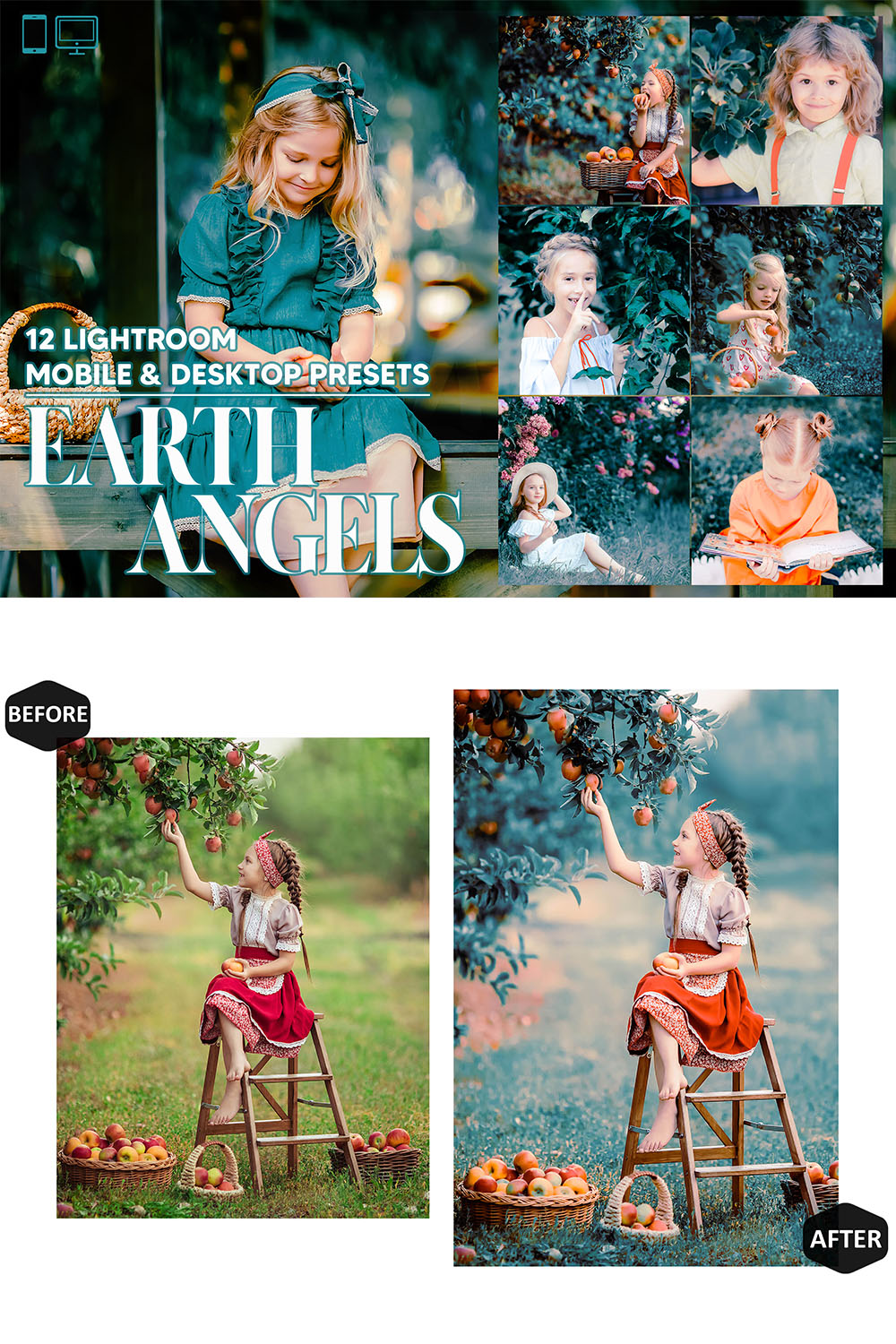 12 Earth Angels Lightroom Presets, Cute Kids Preset, Summer Child Desktop LR Filter DNG Lifestyle Theme For Blogger Portrait Instagram pinterest preview image.