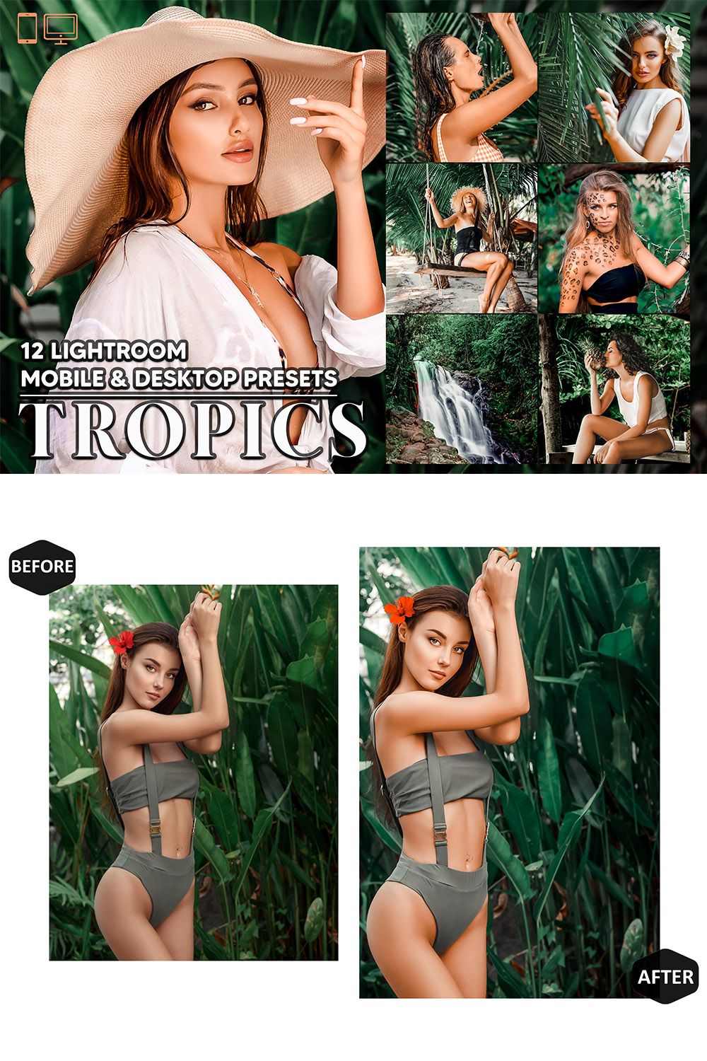 12 Tropics Lightroom Presets, Tropical Wonder Mobile Preset, Jungle Desktop LR Filter DNG Lifestyle Theme For Blogger Portrait Instagram pinterest preview image.