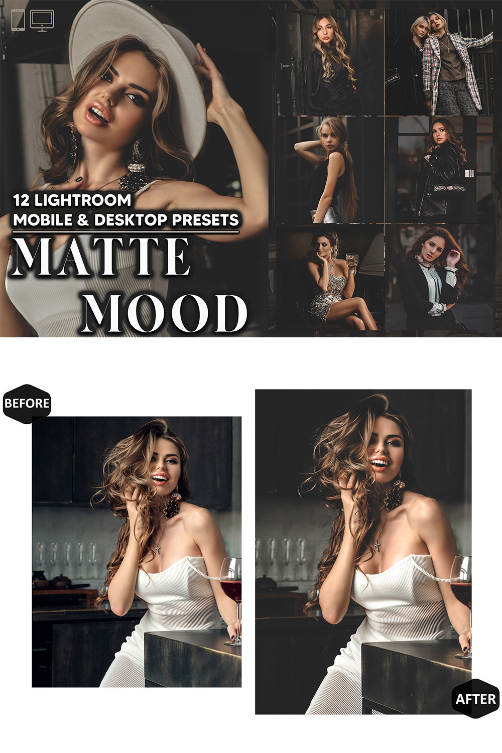 12 Matte Mood Lightroom Presets, Black Mobile Preset, Moody Desktop LR Filter DNG Lifestyle Theme For Blogger Portrait Instagram pinterest preview image.