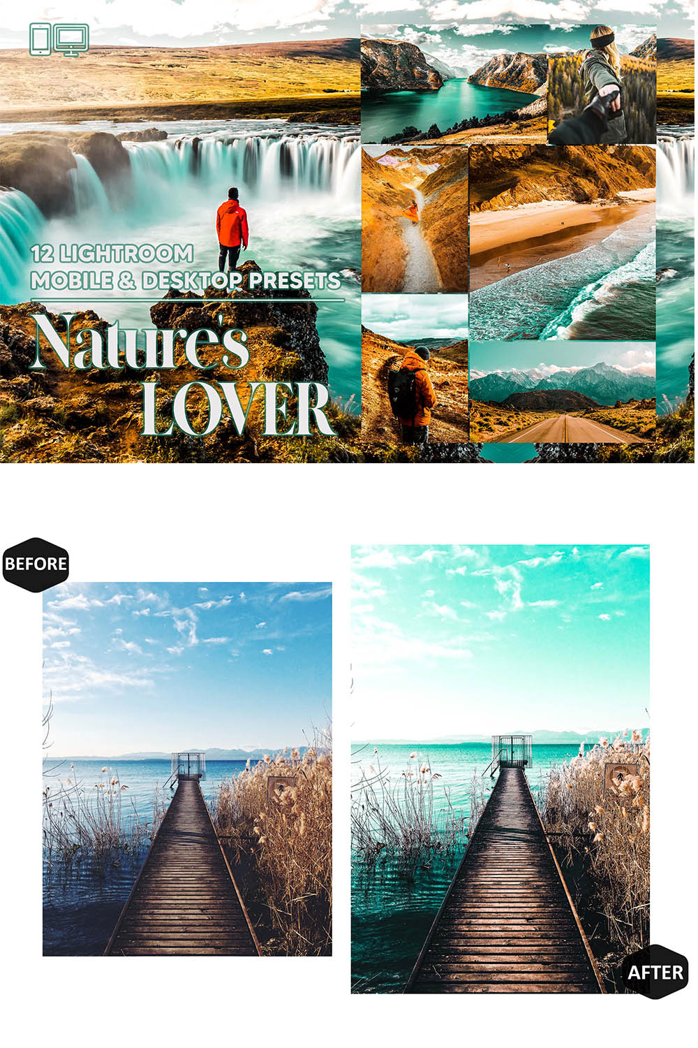 12 Nature's Lover Lightroom Presets, Landscape Mobile Preset, Scenery Desktop LR Lifestyle DNG Instagram Vibrant Filter Theme Portrait Season pinterest preview image.