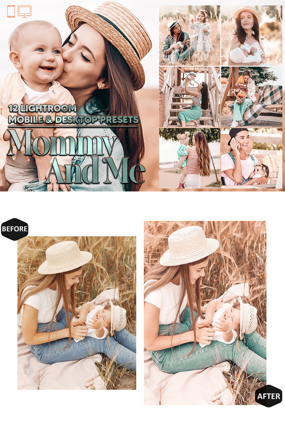 12 Mommy And Me Lightroom Presets, Motherhood Preset, Fall Bright Desktop LR Filter DNG Lifestyle Theme For Blogger Portrait Instagram pinterest preview image.