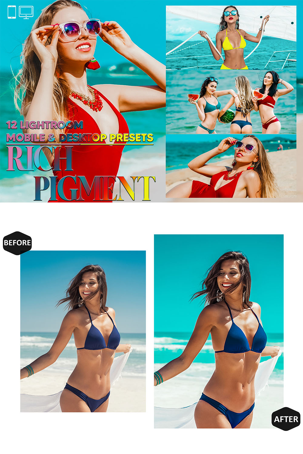 12 Rich Pigment Lightroom Presets, Vibrant Beach Mobile Preset, Summer Desktop LR Filter DNG Lifestyle Theme For Blogger Portrait Instagram pinterest preview image.