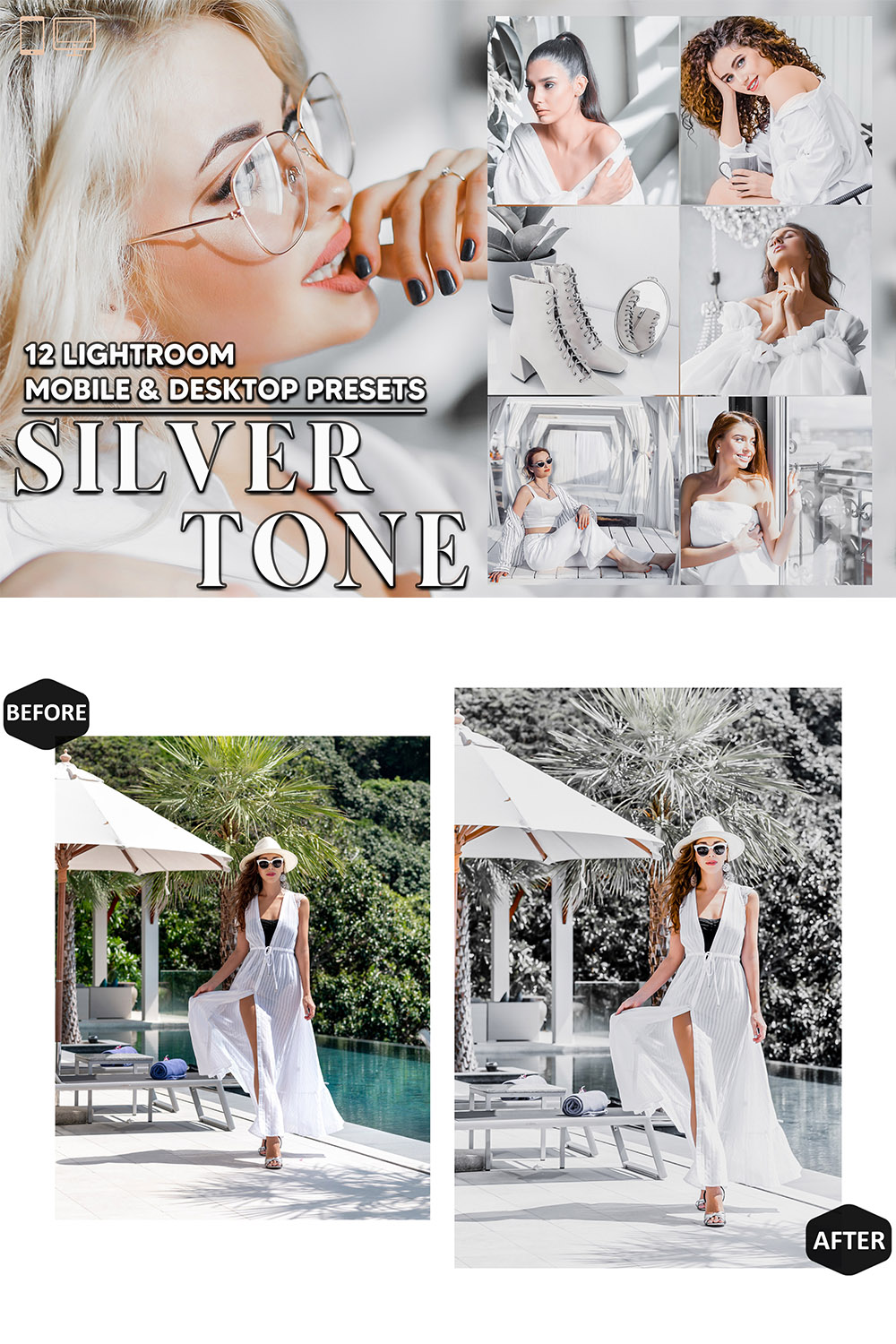 12 Silver Tone Lightroom Presets, Gray Clean Mobile Preset, Luxury Desktop LR Filter DNG Lifestyle Theme For Blogger Portrait Instagram pinterest preview image.
