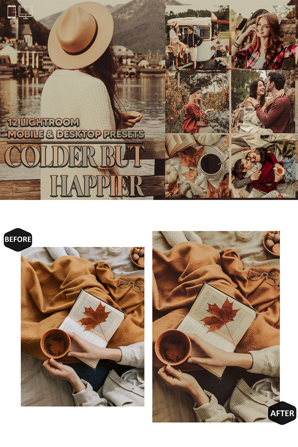 12 Colder But Happier Lightroom Presets, Autumn Mobile Preset, Warm Fall Desktop LR Filter DNG Lifestyle Theme Blogger Portrait Instagram pinterest preview image.