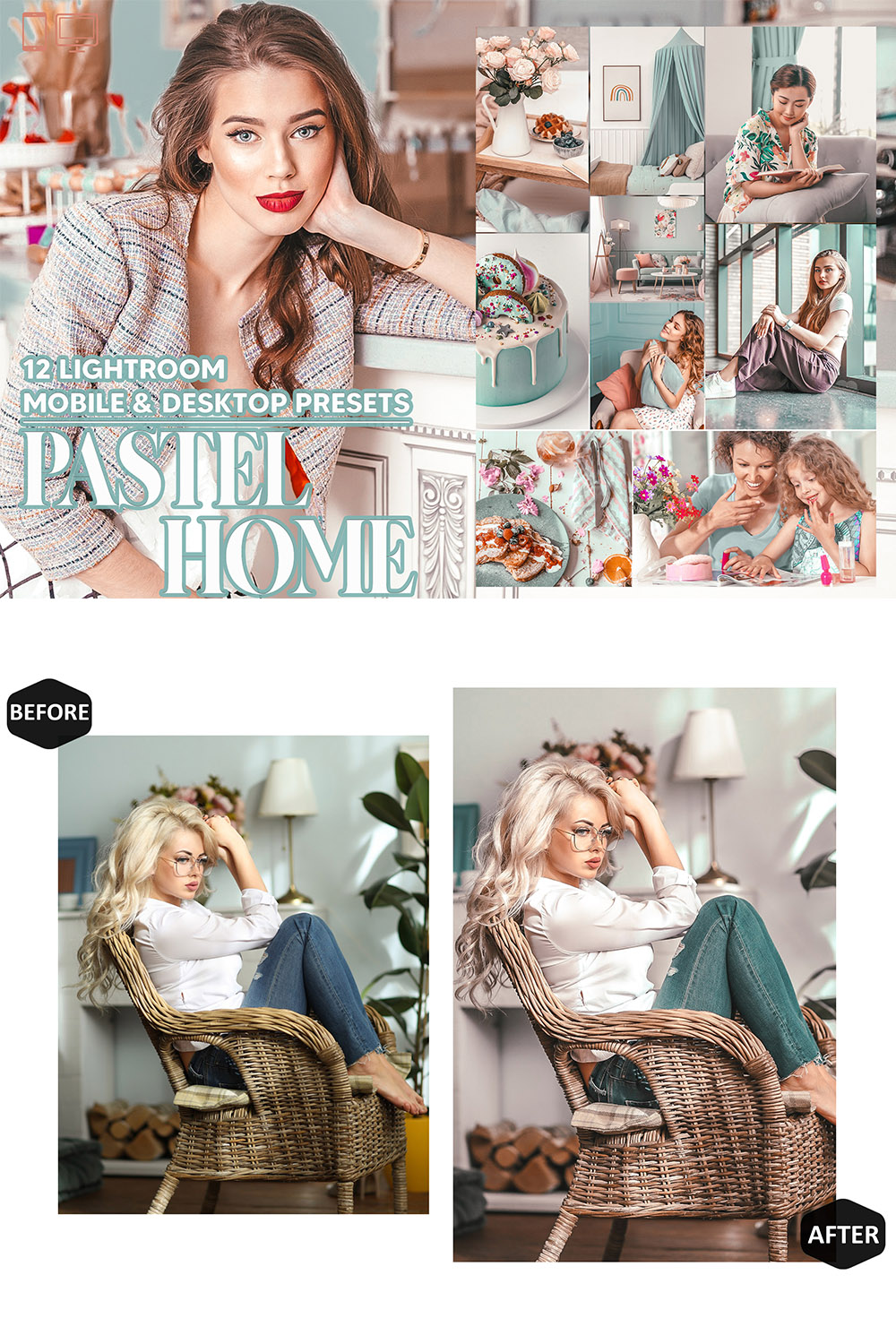 12 Pastel Home Lightroom Presets, Soft Skin Mobile Preset, Bright And Airy Desktop LR Filter Lifestyle Theme For Blogger Portrait Instagram pinterest preview image.