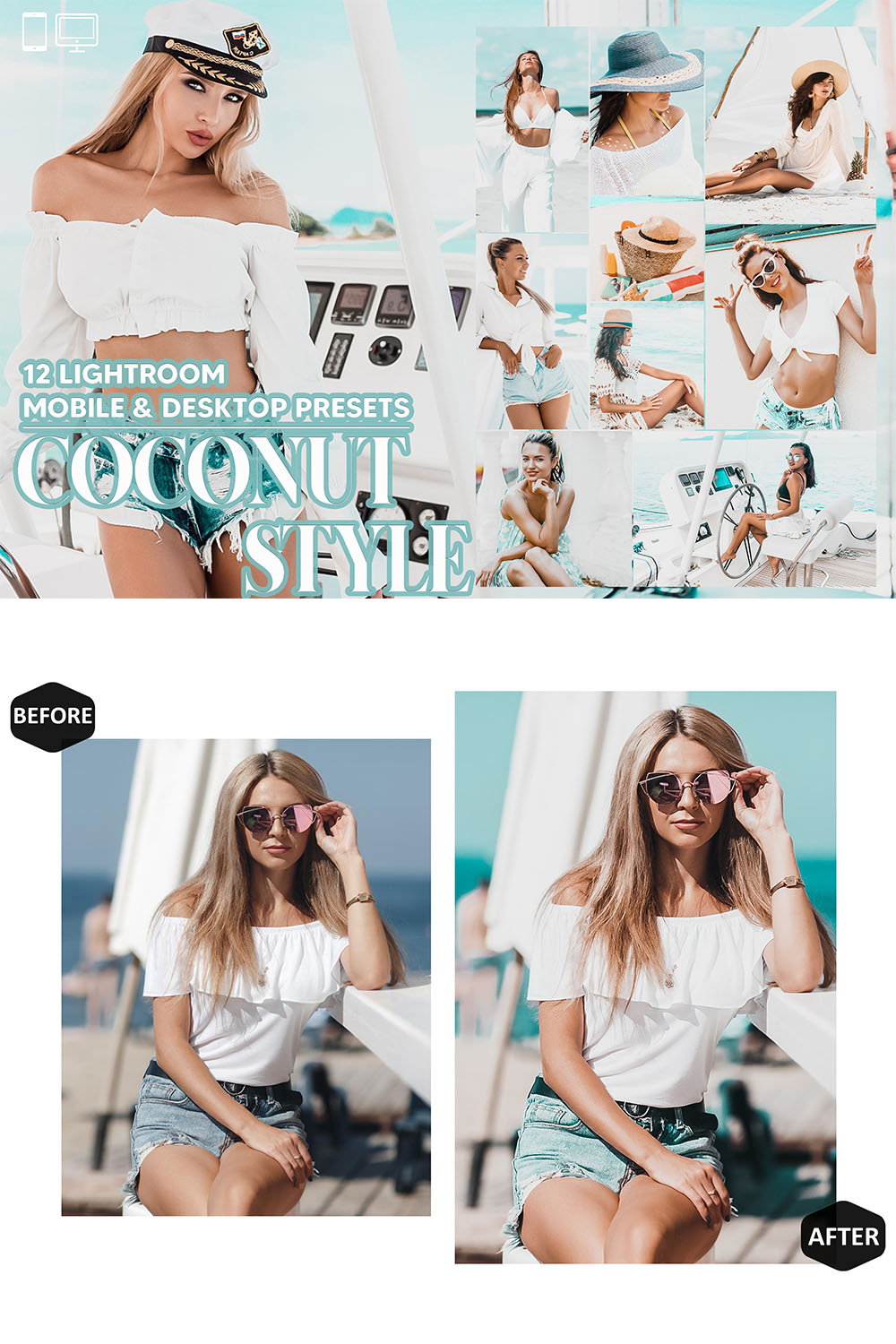 12 Coconut Style Lightroom Presets, Airy White Mobile Preset, Summer Bright Desktop LR Filter Lifestyle Theme For Blogger Portrait Instagram pinterest preview image.