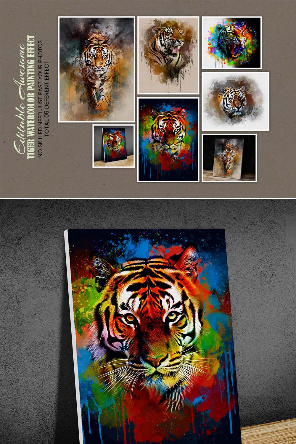 Tiger Watercolor Painting Effect pinterest preview image.