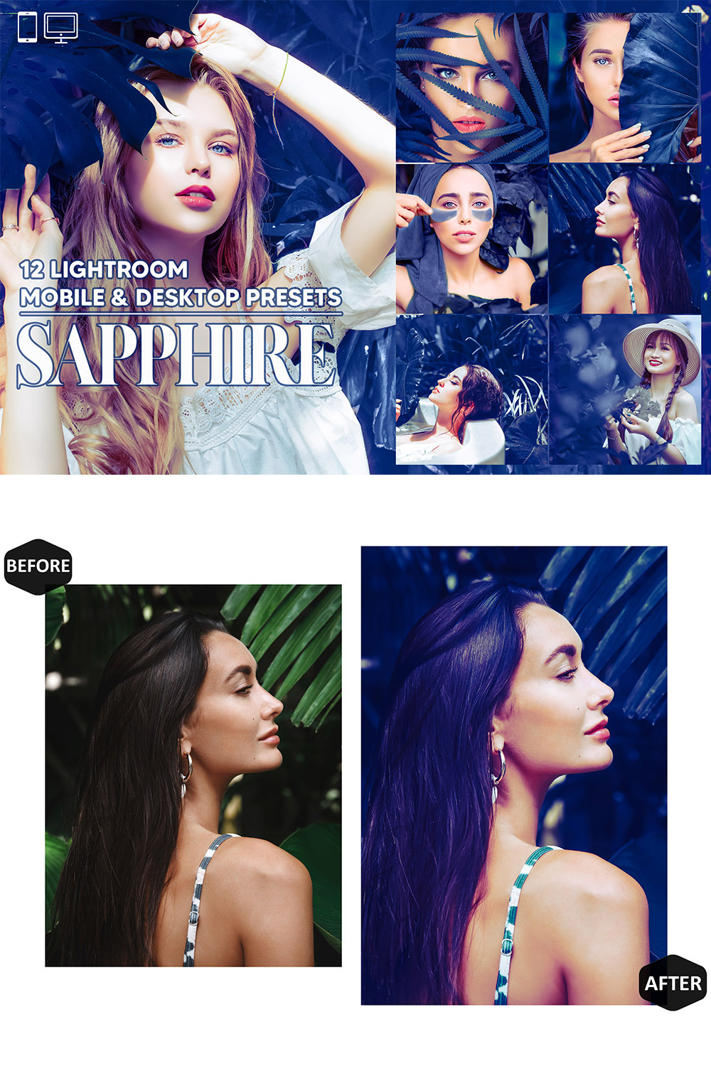 12 Sapphire Lightroom Presets, Blue Mobile Preset, Summer Desktop LR Filter DNG Lifestyle Theme For Blogger Portrait Instagram pinterest preview image.