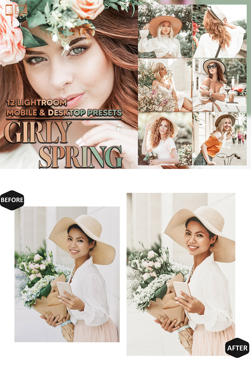 12 Girly Spring Lightroom Presets, Bright Tones Preset, Espresso Vibe Desktop LR Filter DNG Lifestyle Theme For Blogger Portrait Instagram pinterest preview image.
