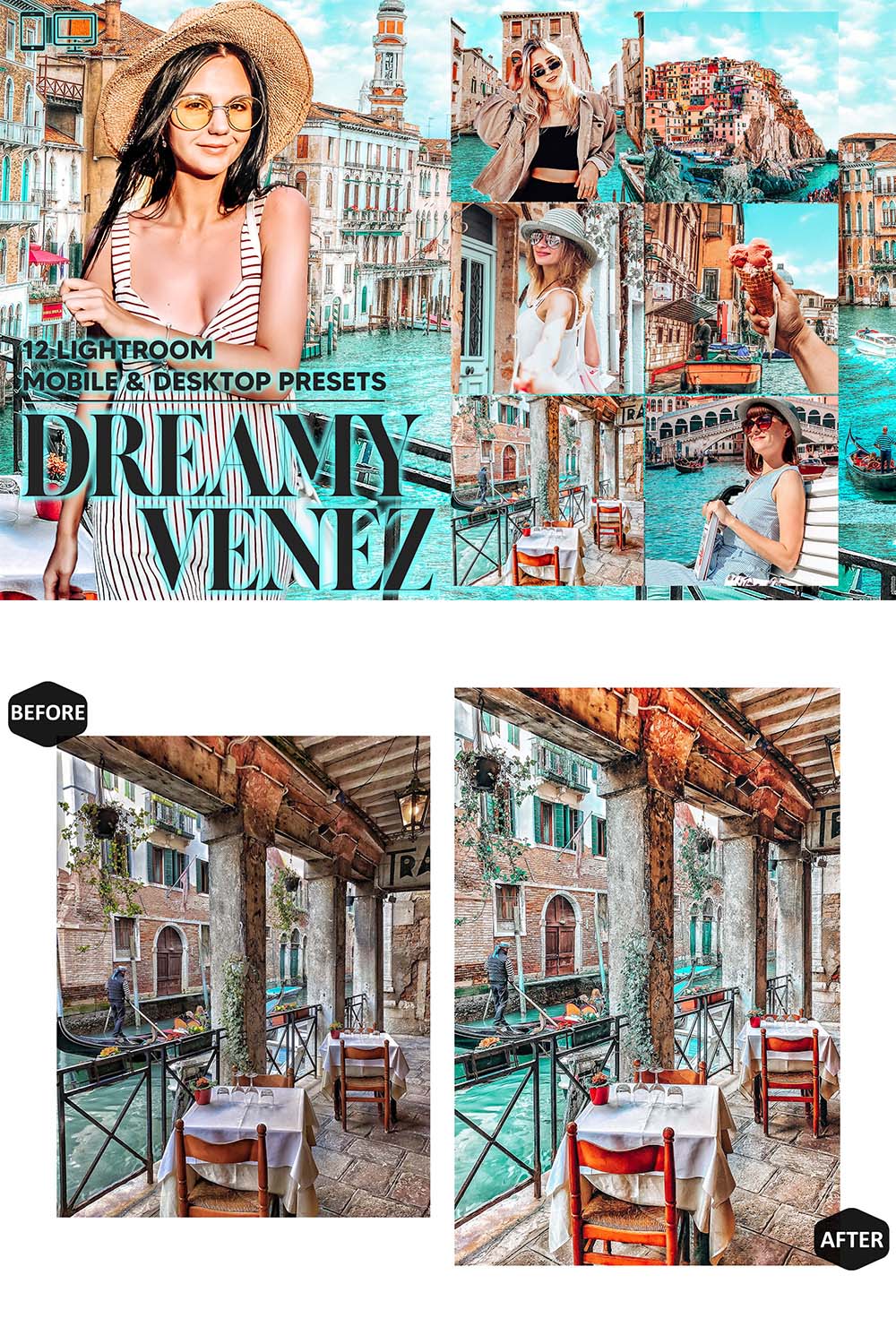 12 Dreamy Venez Lightroom Presets, Bright Mobile Preset, Summer Desktop, Lifestyle Portrait Theme For Instagram, LR Filter DNG Warm Italy pinterest preview image.